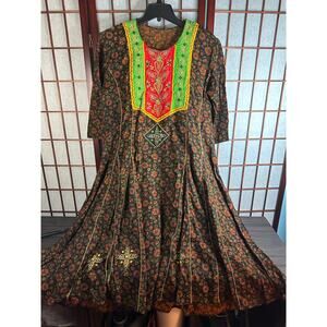 South Asian Anarkali dress or kurta with floral pattern and colorful embroidery